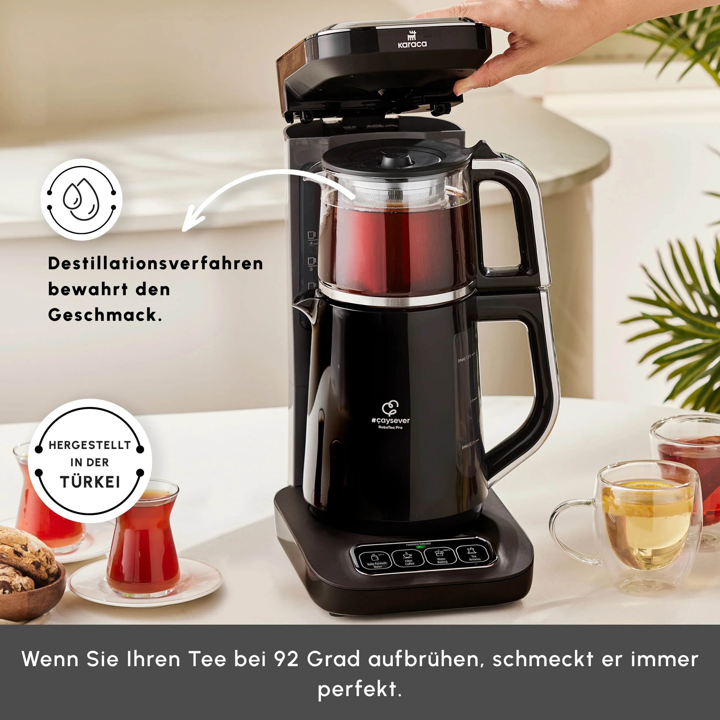 Théière Bouilloire et cafetière filtre Karaca Caysever Robotea Pro 4 en 1 automatique parlant, 2500W, chrome - Image 6